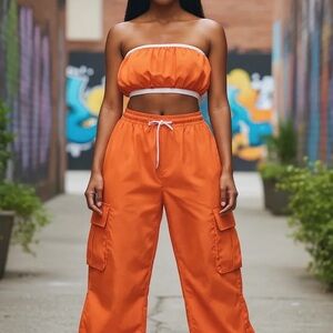Orange Cargo Pants Set for Women